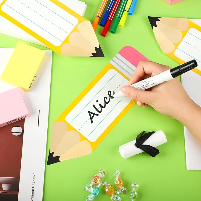 56 Pcs Name Tags for Desk Pencils Classroom Names Label Sticker Back to School Locker Name Tag Plate Colorful Desk Names Tag for Bulletin Board Teacher First Day of School Student Party Decor
