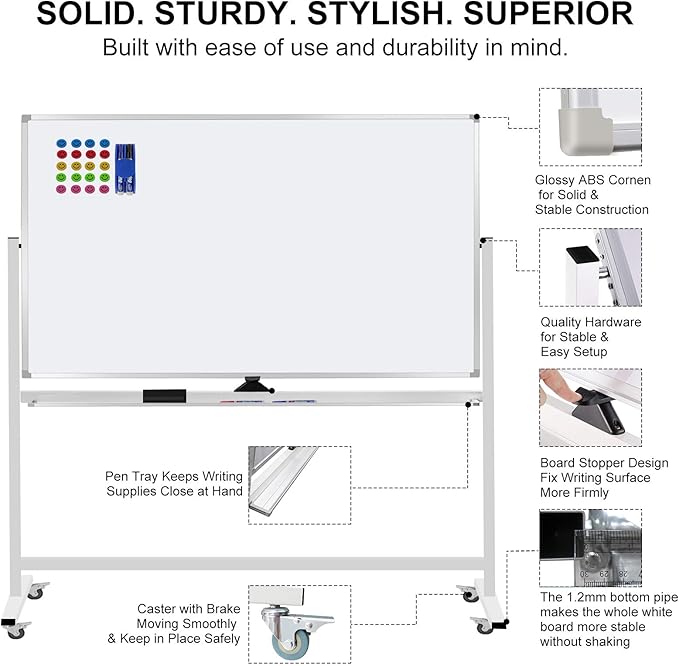 Max-officoo Mobile Whiteboard 72"x40" Magnetic Dry Erase White Boards on Wheels Double-Sided Large Whiteboard with Rolling Stand for Classrooms, Offices and Home