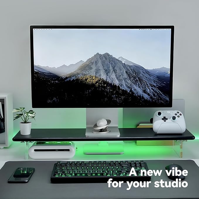 ROCDEER Bamboo Monitor Stand Riser with RGB Lights,31.5 Inches Desktop Shelf with Acrylic Legs Supports for Desk, PC Computer Monitor, Laptops, Printer, Speakers (Black)