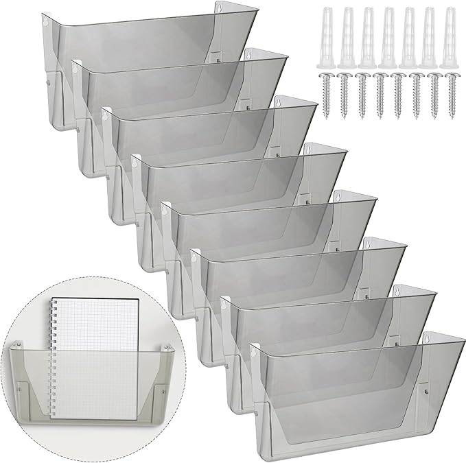 Colarr 8 Pcs Wall File Holder Organizer Plastic Wall Mount Mail Organizer with Screws Single Pocket Hanging Folder Paper Magazine Holder for Walls Office Home Classroom(Gray)