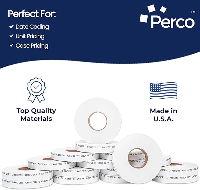 Perco Grocery Labels to fit Monarch 1110 Price Gun - 16 Rolls, 17,000 Labels with Ink Roll Included