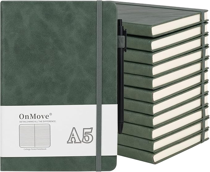 OnMove Notebooks Journal for Women Men 12 Pack Bulk Leather Hardcover with Pen Holder A5 160 Pages 100 GSM Thick Paper for Work School Lined Green