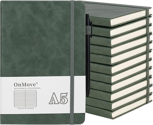 OnMove Notebooks Journal for Women Men 12 Pack Bulk Leather Hardcover with Pen Holder A5 160 Pages 100 GSM Thick Paper for Work School Lined Green