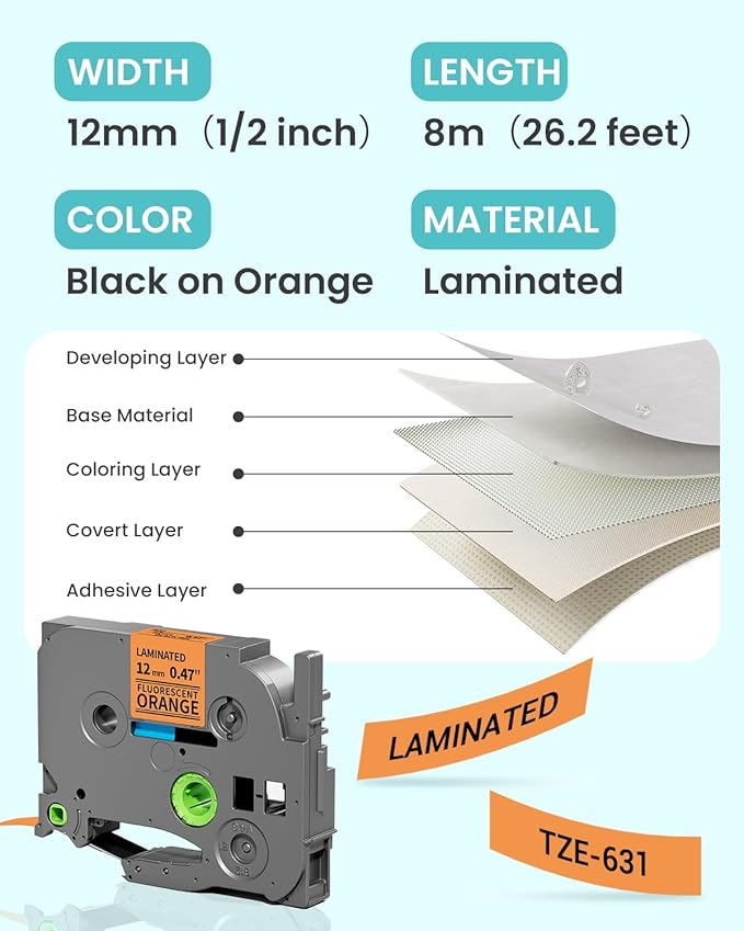 2-Pack Label Maker Tape 12mm 0.47" White Replacement for Brother P Touch Label Tape TZe-231 TZ-231, Compatible with Brother Ptouch PT-D210 PT-H110 PT-D220 PT-D400,Black on Orange