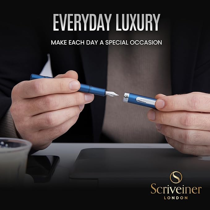 Scriveiner Luxury EDC Fountain Pen (Fine), Stunning Matt Blue Pocket Pen, Chrome Finish, Schmidt German Nib, Converter, Best Writing Pen Gift Set for Men & Women, Nice Fancy Office Designer Pen