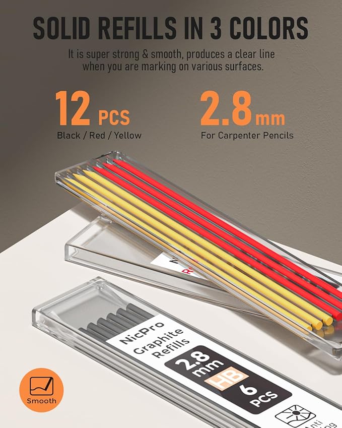Nicpro Upgraded 3-IN-1 Carpenter Pencils with Sharpener & Finger Grip, Construction Pencil with 13 Leads, Deep Hole Marking Tool, Solid Mechanical Pencil for Carpenters Scriber Architect Woodworking