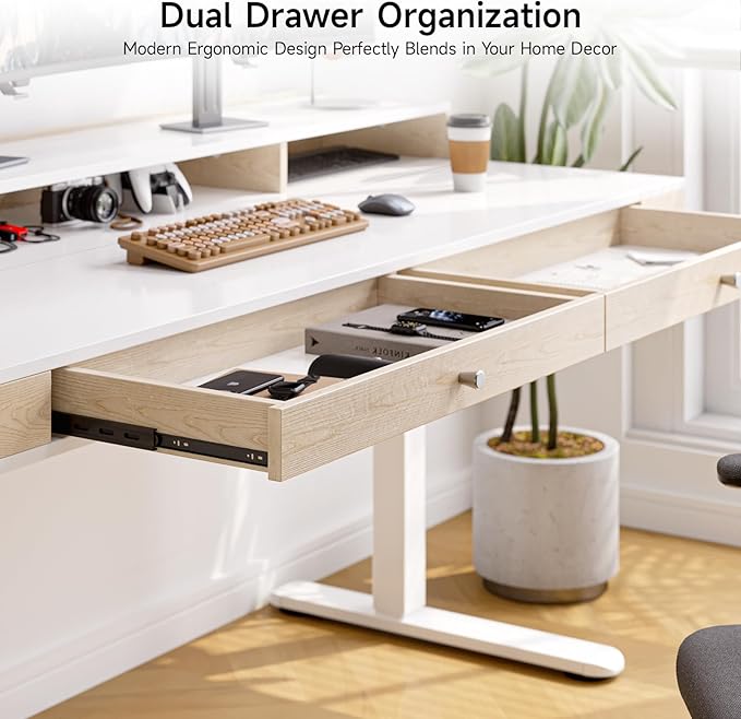 Standing Desk With Drawers, 55x23.6 Inch Electric Stand Up Workstation With Storage Shelf and Memory Controller, Adjustable Height 28-46 Inch for Computer, White
