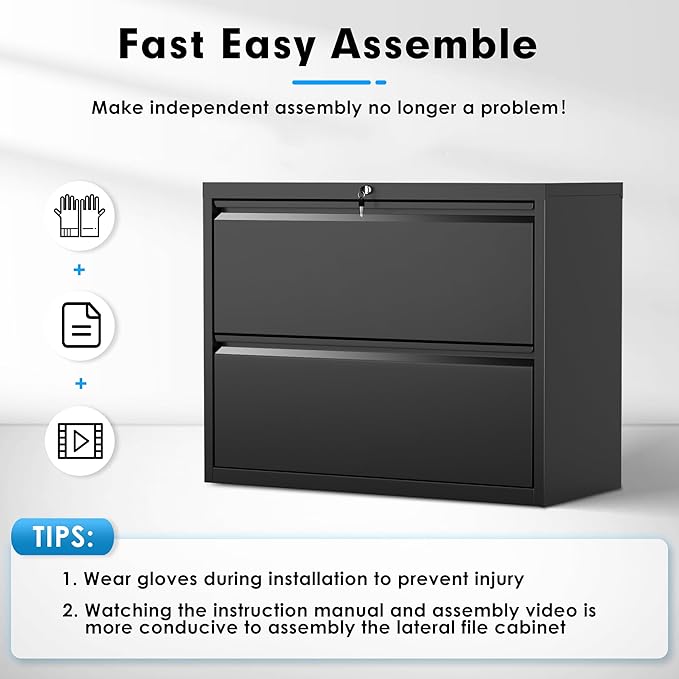 Pataku Lateral File Cabinet, 2 Drawer File Cabinet with Lock, Black Filing Cabinets for Home Office, Metal File Cabinet for Hanging Files/Letters/Legal/F4/A4(2Drawer/Black)