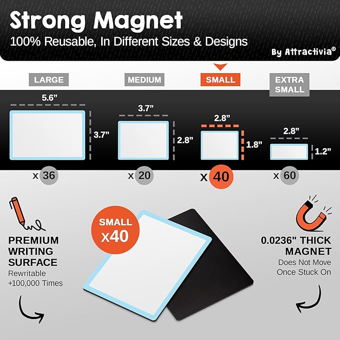 Attractivia Dry Erase Magnetic Labels 2.8 x 1.8 in, Color Borders, Small Dry Erase Magnets, 40-Pack, White Erasable Write-On All-Purpose Labels, for Office, Education, Home, Whiteboard
