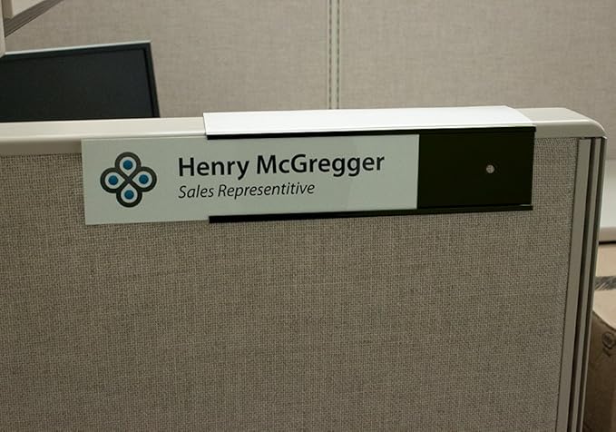 Quality Aluminum, Changeable Cubicle Nameplate Holder, Satin Silver Base, and Matte Black Name Plate Holder, Guaranteed Not to Crack (2.5" Depth)