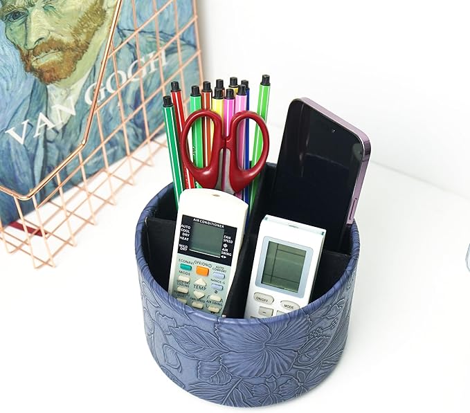 Hennaja Round Leather Art Supply Organizer,Remote Control Holder,360 Degree Spinning,Multi-Functional Pencil Holder,4 Compartments Desktop Stationary Organizer(1-Carved Blue)