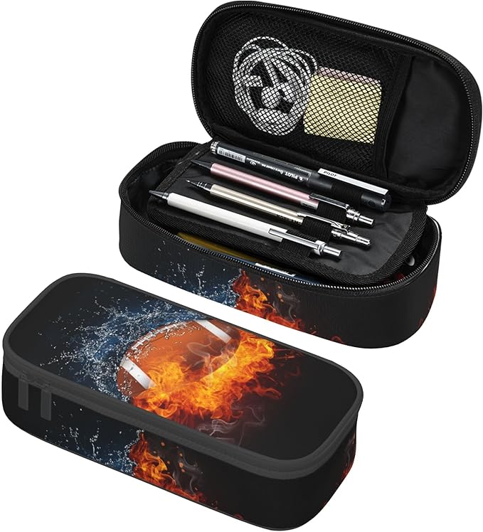 Kids Pencil Pouch for Boys, Football Pencil Case with Fire Water Pattern Print, Big Capacity Black Pencil Box Stationery Bag with Zipper Portable Travel Storage Box Desk Pen Bag for Teens Adults
