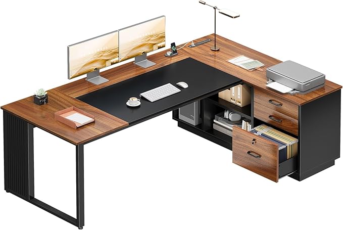 AODK 71 Inch Executive Desk, L Shaped Desk with Drawers and File Cabinet, Large Office Desk with Storage Shelves, Corner Computer Desk for Home Office, Walnut + Black