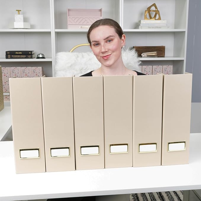 BLU MONACO | Set of 6 Foldable Taupe Magazine File Holders with Label Holders | Vertical File Organizer & File Storage Boxes for Desk, Shelves & Home Office