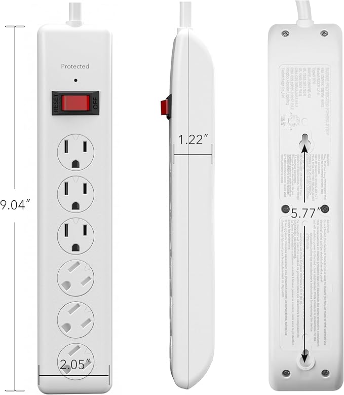 BN-LINK 6-Outlet Power Strip Surge Protector 1-Pack, 4-Foot Extension Cord, 600 Joules, Twist-to-Close Safety Covers, 90 Degree Flat Plug, Overload Protection, White