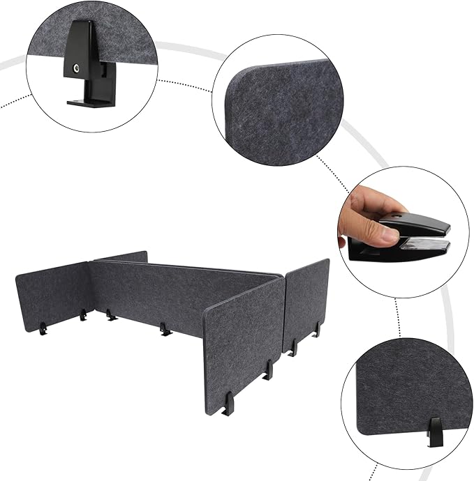 ReFocus Raw Clamp-On Acoustic Desk Divider Mounted Privacy Panel Set – Reduce Noise & Visual Distractions for Office, Study (Anthracite Gray, 2× Long (59"×16") + 4× Short (23.6"×16"))
