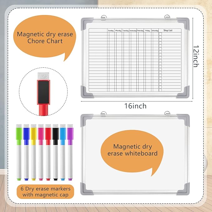 Lincia 12 x 16 Magnetic Dry Erase Chore Chart Board for Family Adults Double Side Family 2 in 1 Combo Chore Board Weekly Calendar Aluminum Frame for Wall 8 Markers 1 Eraser(Adults Style)