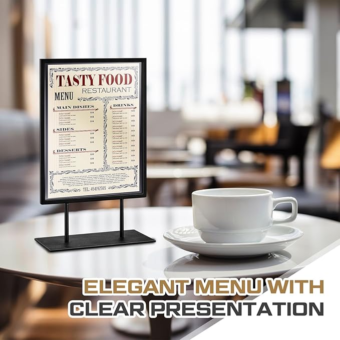Zhengmy 1 Pcs Tabletop Sign Holder with Flat Base 11" x 8.5" Double Sided Countertop Sign Holder Vertical Desktop Display Stand Metal Poster Display Stand for Office Store Restaurant Hotels, Black