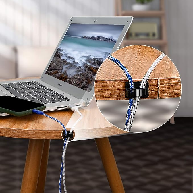 SOULWIT 50 Pcs Self Adhesive Cable Management Clips, Cable Organizers Sticky Wire Clips Cord Holder for TV PC Laptop Ethernet Cable Desktop Home Office (Black)