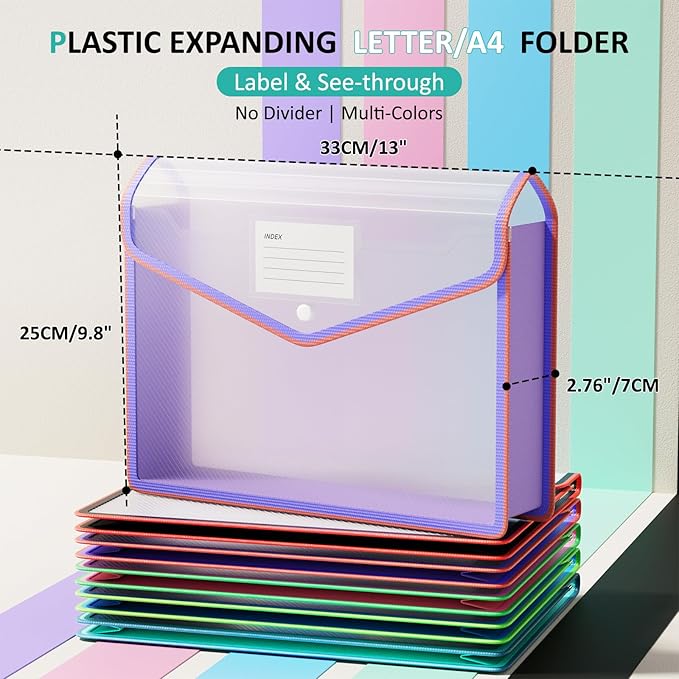 ThinkTex Plastic Expanding File Folder, Transparent envelopes with Snap Closure,No Dividers,Large Capacity,Document Organizer for Bills&Taxes,Letter/A4 Size for School/Office/Home- Two-Tone-5pcs