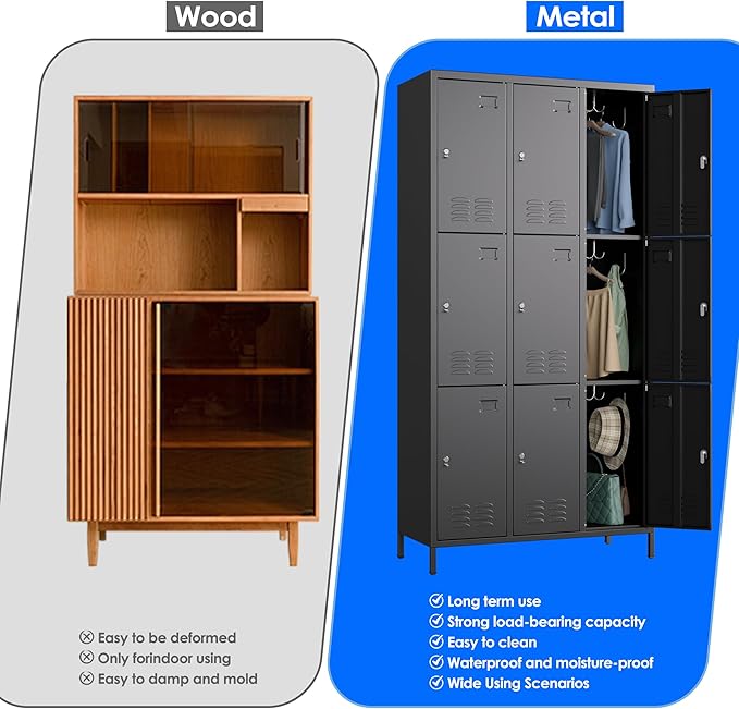 SUPEER 9 Doors Metal Lockers for Employees with 18 Hooks,Metal Lockers with Business Card Holder for School Garage Office Gym Home,Assembly Required,Black
