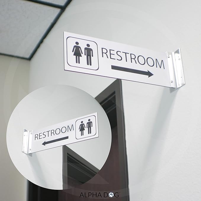 ALPHA DOG SIGNS Corridor Projecting Hallway Bathroom Sign, Left Arrow, 4"x12" Double Sided, Indoor/Outdoor, Easy Install, Durable Business Wayfinding Plaque, USA-Made (White)