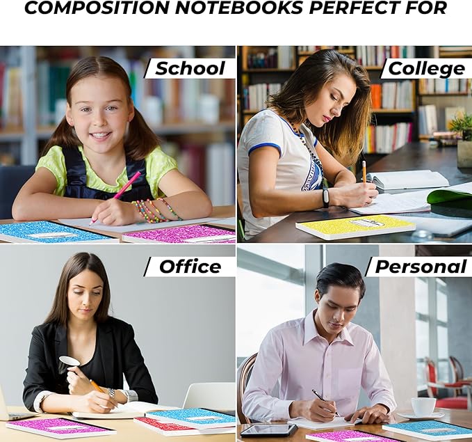 Rosmonde 12 Pack Bulk Composition Notebooks College Ruled, 200 Pages (100 Sheets), 9-3/4 x 7-1/2, Hard Cover College Ruled Notebooks, Assorted Colors Composition Notebook For School, Colors May Repeat