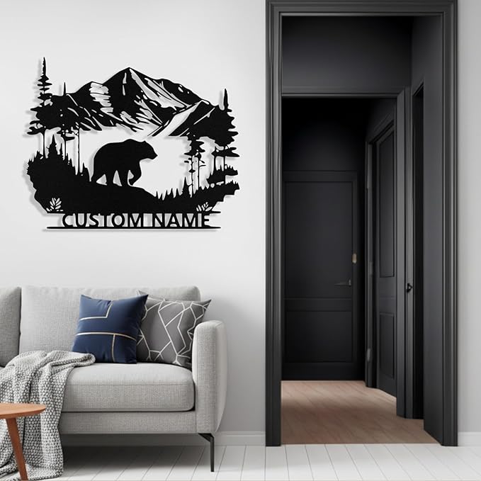 Custom Bear Metal Sign, Custom Bear Metal Wall Art Decor, Personalized Last Name Signs for Home, Rustic Farmhouse Black Wall Decor for Cabin, Bedroom, Living Room, Porch