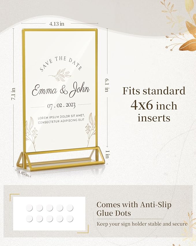 Dynta Acrylic Sign Holder 4x6 8 Pack Double Sided Clear Plastic Display Stands, Tabletop Menu Holder, Flyer Display for Wedding, Party, Restaurant, Office, Retail (Gold Frame)