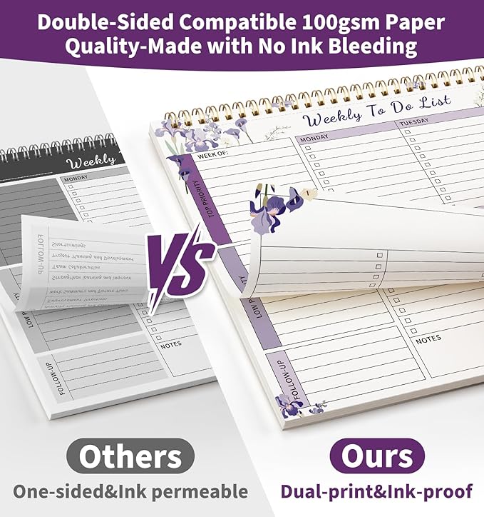 ALKALO 104 Pgs Weekly To Do List Notepad, 52 Duplex-Printed Undated Sheets 100 GSM（8.5"×11") Weekly Desk Planner For Work Home School Office Desk Accessories Supplies & Goal Setting Tasks - Purple Iris
