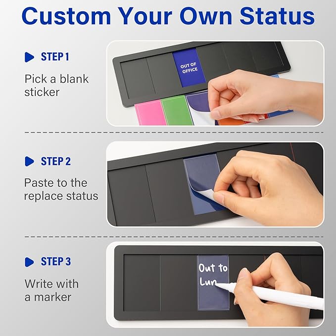 Office Door Signs with 6 Printed Status Options – Do Not Disturb, Out of Office, In a Meeting, Please Knock, Work from Home, Back Soon – Includes Custom Personalized Blank Sticker for Privacy Workspace or Studio Available and Away