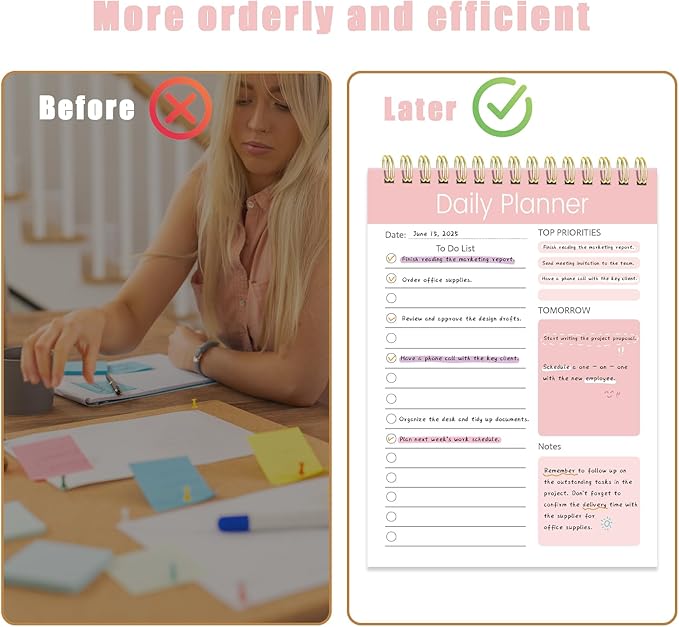 Tlenpo To Do List Notepad, 60 Sheets, Productivity Planner with Time, Task Checklist Organizer Agenda Pad for Work, Daily Planner for School Supply List Pink, 5.1 x 7 Inch