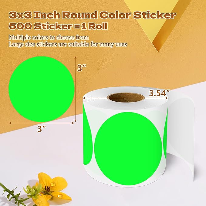 3 Inch Round Color Coding Labels (500 per Roll) - Colored Dot Stickers Round Labels for Inventory, Warehouse, Office Organizing - Fluorescent Green Circle Stickers