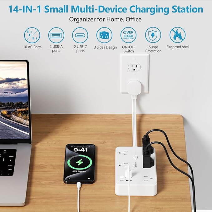 Surge Protector Power Strip 1 FT Flat Extension Cord ，10 AC Outlets & 4 USB Ports(5V/3.4A 17W), 1080J ，Wall Mountable Desktop Charging Station with Flat Plug for Office Supplies and Home, White