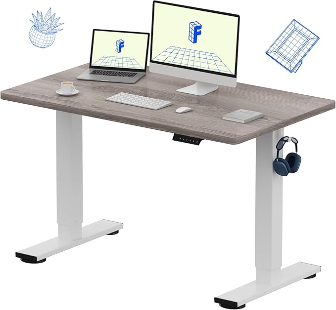 FLEXISPOT EN1 One-Piece Standing Desk with 1-Inch Thick Seamless Desktop, 48"x30" Electric Height Adjustable Desk for Home Office, Multi-Monitor Setups & Easy Assembly, Gray Wood