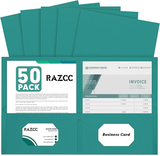 Two Pocket Folders, RAZCC 50 Pack 2 Pocket Folders Fit Letter Size Paper, Paper Folders with Pockets for School Office Business Home (Turquoise)