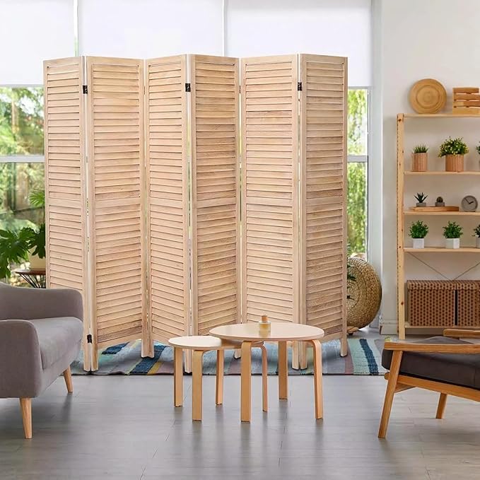 6 Panel Room Dividers and Folding Privacy Screens, Divider for Room Separation, Wood Louvered Divider Wall, Wooden Partition for Home Office Bedroom (Natural)