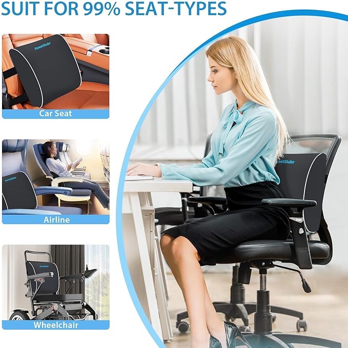 SweetSlubr Lumbar Support Pillow for Office Chair, Car Seats and Home Desks, Ergonomic Back Support with Double Adjustable Straps, Machine Washable Cover, Grey