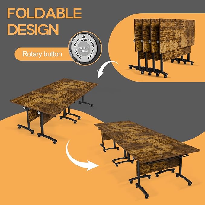 Folding Conference Table 4ft 5ft, Foldable Office Meeting Desk for 6 People, Multiple Sizes Colors Mobile Conference Room Table for Training Room School Business Furniture (2, Brown, 47in)