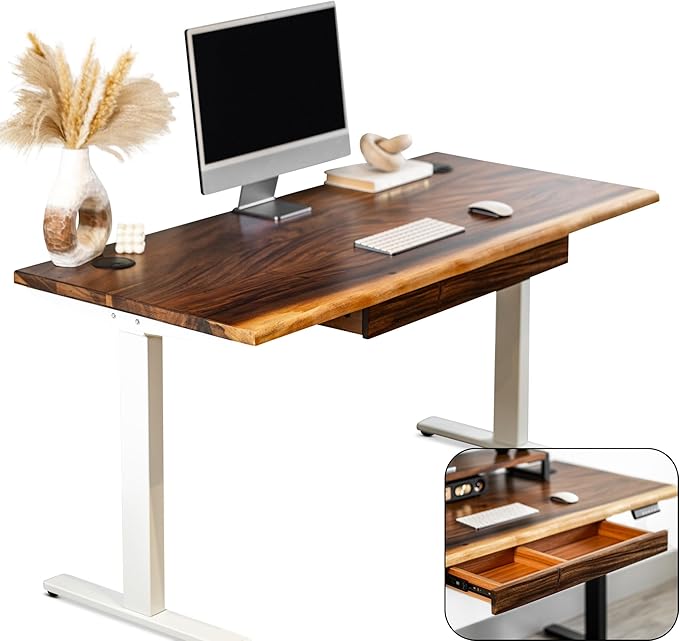 Standing Desk with Drawer – Walnut Solid Wood Desk, Natural Live Edge, Adjustable Height Dual Motor, Sit Stand for Home Office (White, W60 x D27)