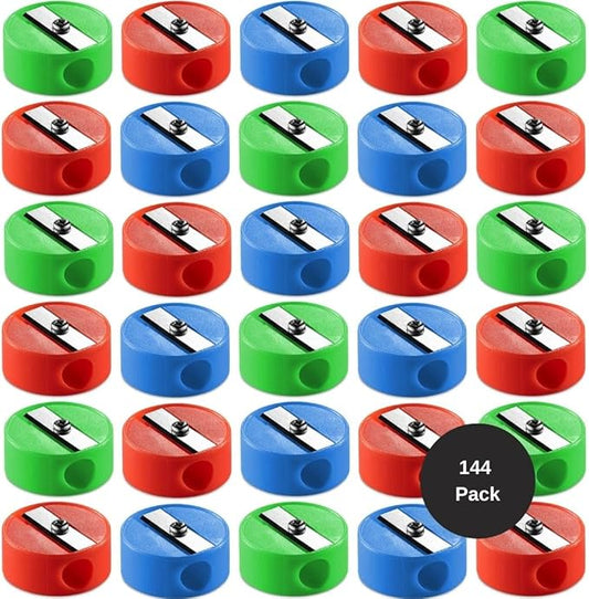 Bedwina Pencil Sharpeners in Bulk - 144 Pack Pocket Sized Mini Handheld Colored Pencil Sharpener Manual for Kids, Plastic and Colorful for Party Favors, Goodie Bags, Classroom Prizes, School Supplies