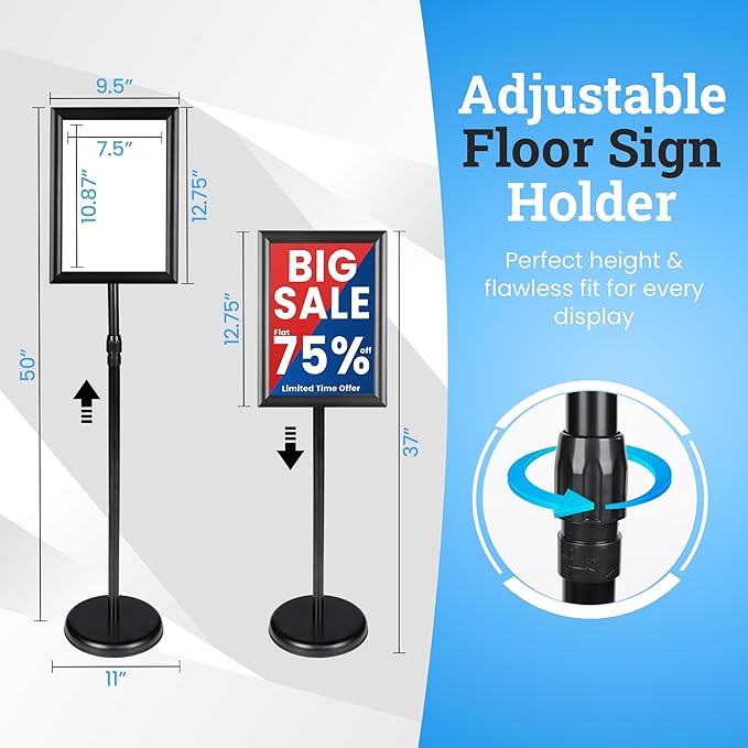 Banzoni Standing Sign Holder | Adjustable Pedestal Signage Stand for 8.5x11 Posters | Heavy Duty Floor Display Stand with Non-Slip Weighted Base | Vertical and Horizontal View Menu Stand for Business