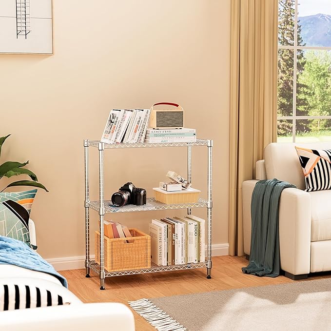 M MZG 750 lbs 3 Tier Storage Rack Metal Wire Shelving Unit, Storage Standing Shelf Organizer for Laundry Bathroom Kitchen Pantry Closet Garage Basement Utility Room, Chrome 13.8" D x 29.5" W x 35.5" H