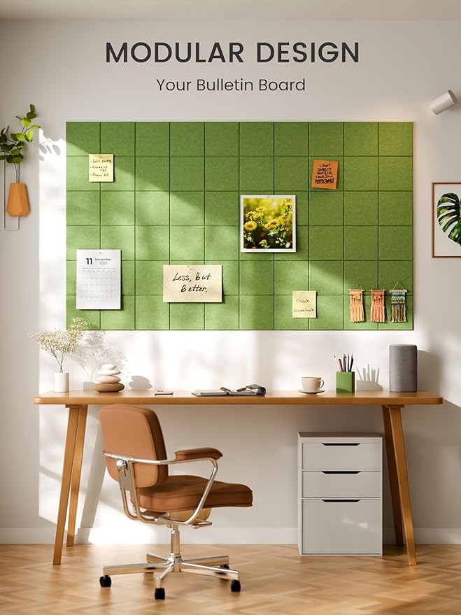 Bumusty Large Cork Board Alternative-47 x35 Felt Bulletin Board Tiles, with 30 Pushpins, 70 Adhesive Tabs, 12-Pack Slat Wall Paneling, Cork Boards for Office Push Pin Board Felt Board-Kelly Green