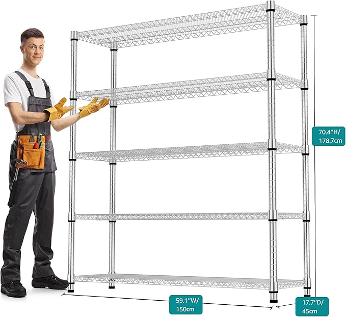M MZG 5 Tiers Shelf 3300 lbs Steel Storage Shelving Utility Shelving Unit Steel Organizer Wire Rack for Home,Kitchen,Office,Garage Chrome 17.7" D x 47.2" W x 70.3" H
