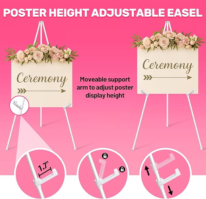 2 Pack White Easel Stand for Sign & Poster - 63" Adjustable Metal Easels for Wedding Welcome Sign, Painting, Canvas, Art Display - Portable Folding Tripod with Carry Bag, Holds 5 Lbs