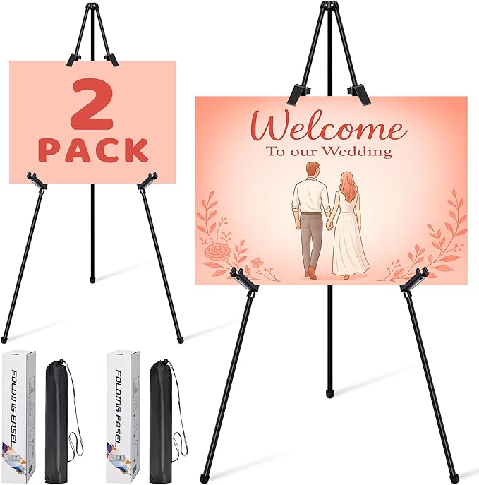 VAIIGO 2Pack Black Easel Stand for Sign & Poster - 63" Adjustable Metal Display Easels for Wedding Welcome Signs, Painting, Canvas, Art & Picture - Portable Folding Tripod with Carry Bag, Holds 5 Lbs