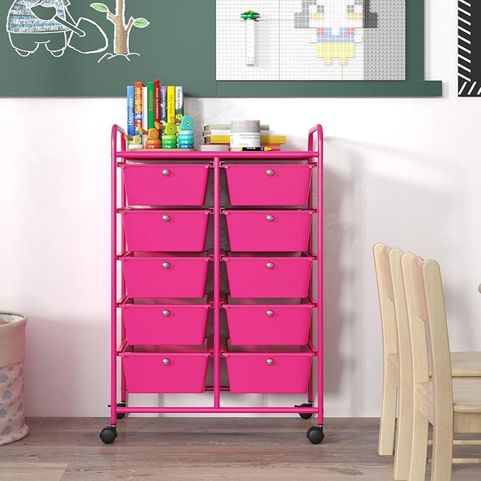 GOFLAME 10-Drawer Rolling Storage Cart, Art Craft Storage Organizer on Wheels, Multipurpose Movable Utility Cart for School, Office and Home, Hot Pink