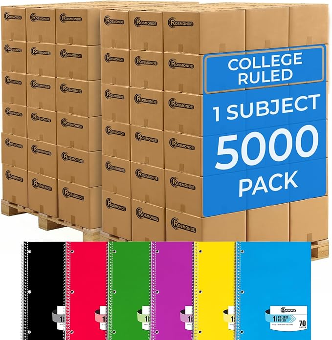 Rosmonde 5000 Packs (Pallet) 1 Subject Notebooks, Spiral Notebook Bulk, College Ruled, 70 Sheets (140 pages), 8 x 10-1/2", Bulk Spiral Notebooks for School Districts & Office, 4-7 Days Transit