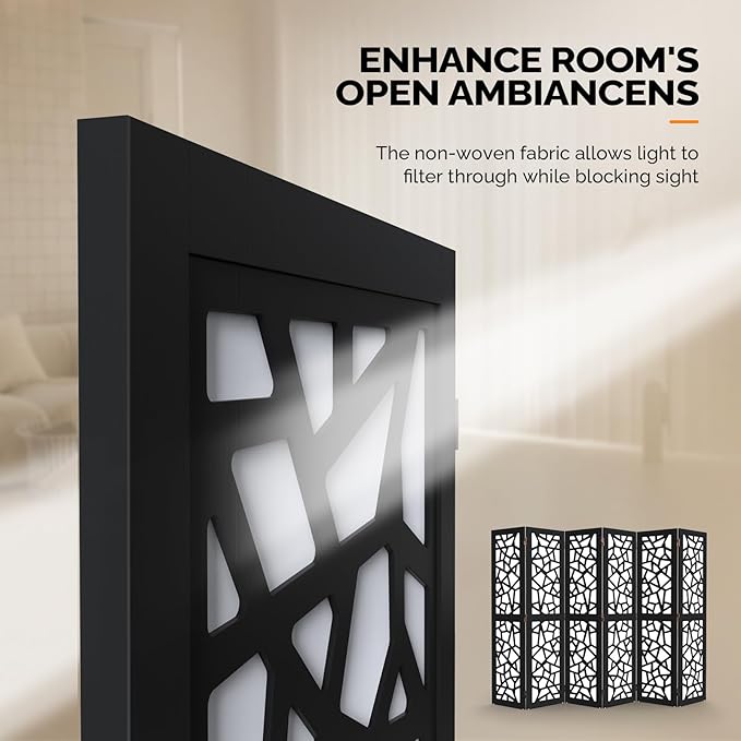 VINGLI 70'' H Room Divider, Non-Woven Fabric Privacy Screen, Indoor Partition Wall Dividers, Freestanding Hinged Space Separator with Modern Unique Pattern (Black, 6 Panel)